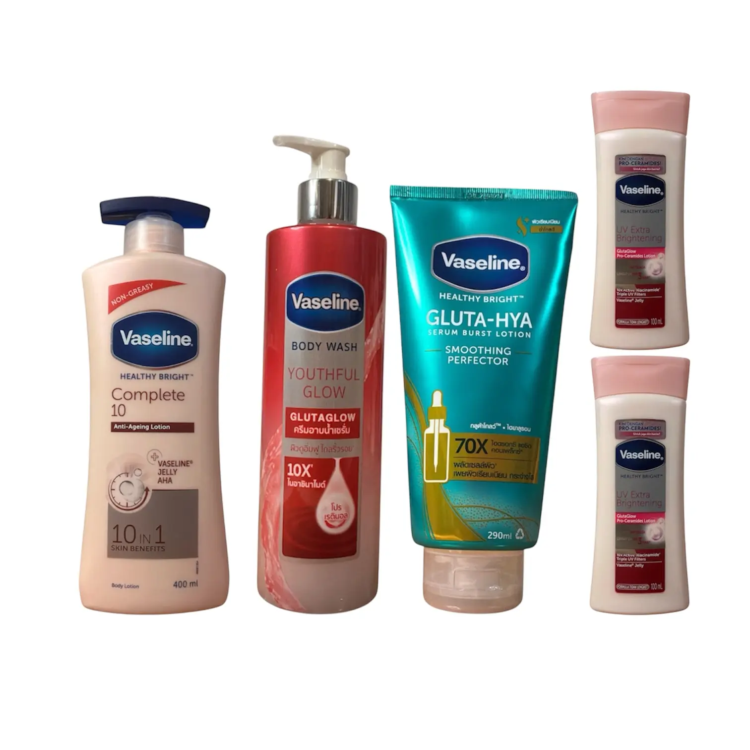 Vaseline Healthy Bright Complete 10-in-1 400mL, Youthful Glow Body Wash 425g, Gluta-Hya Smoothing Perfector 290mL, 2 Free UV Extra Brightening Items