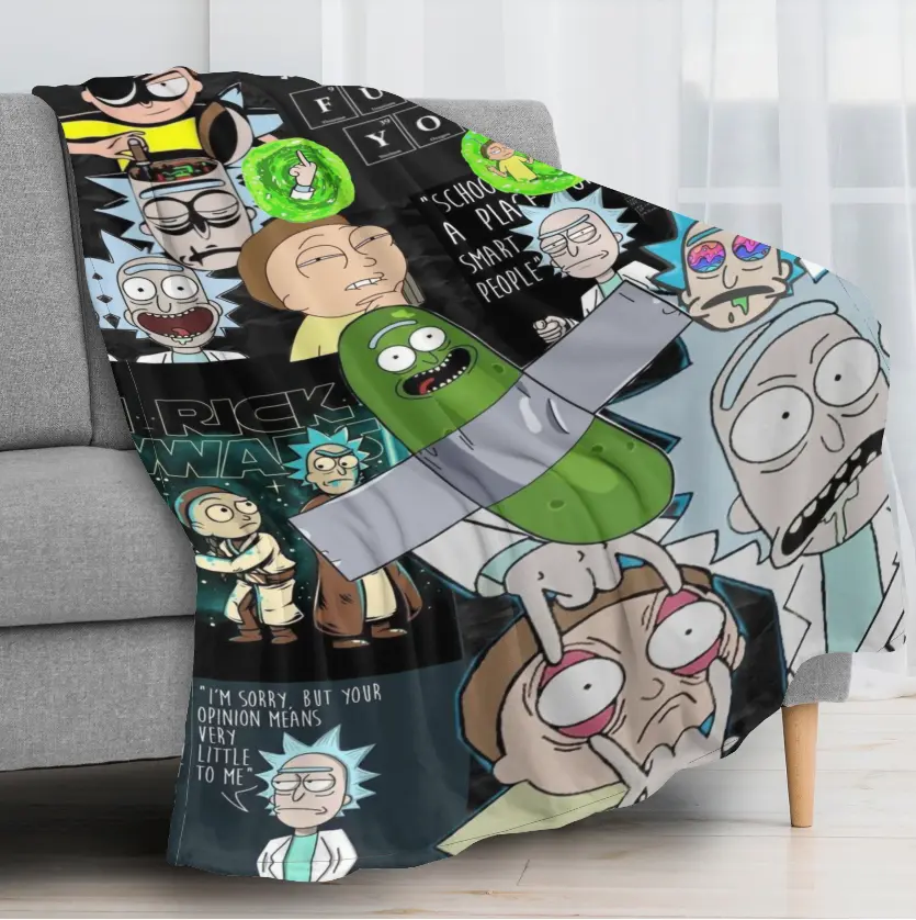 Rick and Morty Flannel Throw Blanket, Soft Cozy Cartoon Fleece Throw with Rick Sanchez, Morty and Pickle Rick, Adult TV Fan Gift for Couch Bedroom Gaming Room Decor