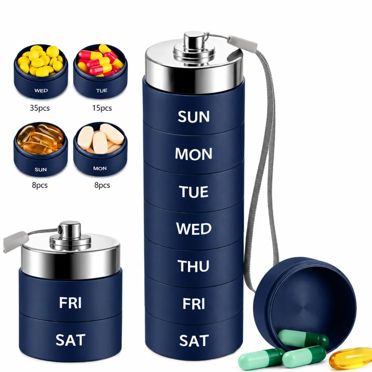 Metal Travel Pill Organizer Portable 7-Day 4-TimesVitamin Organizer Stackable Waterproof Large Capacity Weekly PillCase Premium Aluminum Alloy BPA Free Daily Medication & Supplement Organizer Gift