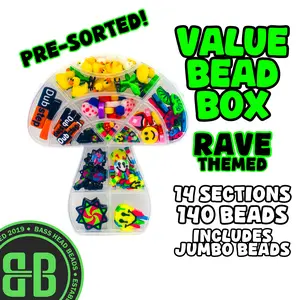 Rave Themed Value Bead Box - 140 Colorful Plastic Beads in 14 Compartments for Crafts & Kandi Making - Festival-Tested & Compact