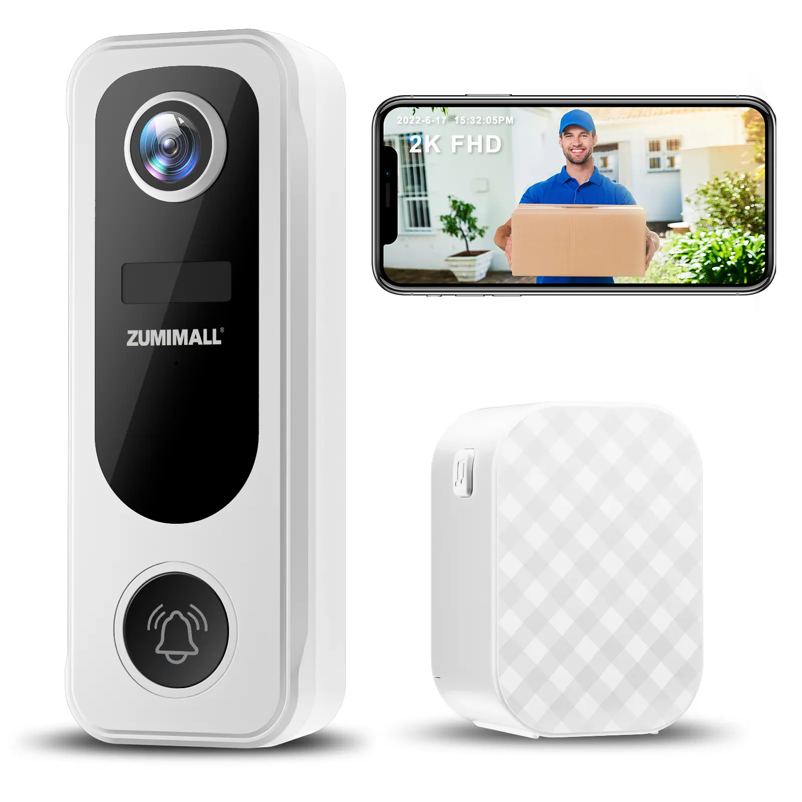 ZUMIMALL Doorbell Camera Wireless, Video Doorbell Wireless with Chime, 2 Way Audio, Voice Changer, 30s Voice Message, Anti-Theft, AI Detection, 2.4Ghz WiFi, Battery Powered, Work with Alexa, White