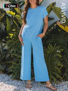 Women's Twisted Ribbed Knit Solid Color Set - Round-neck Short Sleeve T-Shirt & Wide Leg Pants with Side Pockets, Casual Comfy for Summer Daily Wear