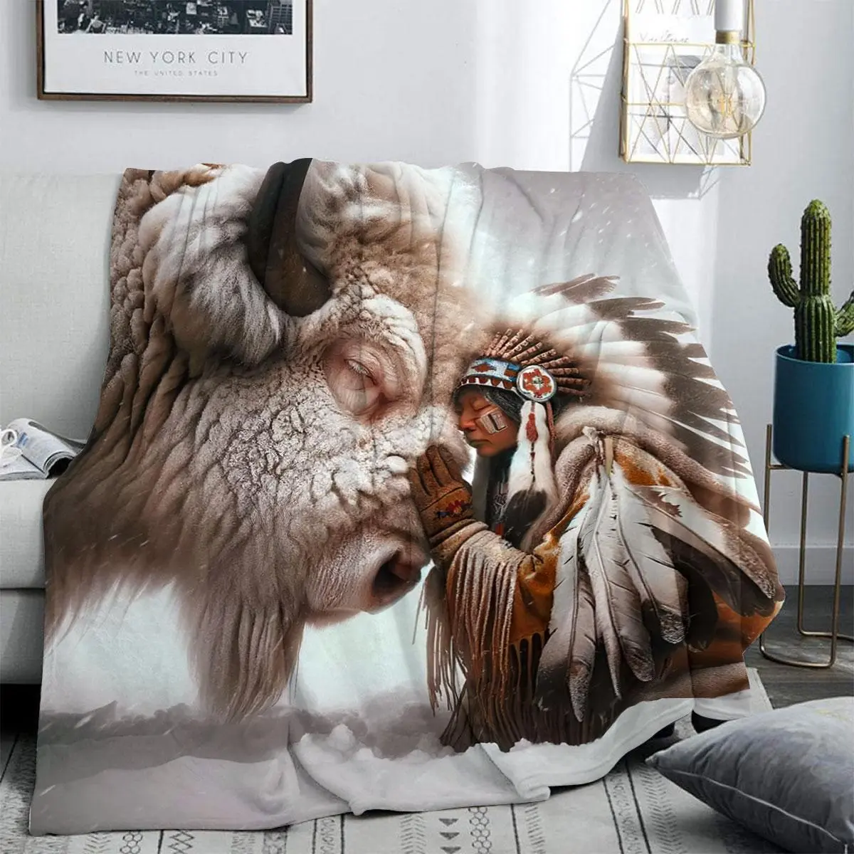 Buffalo & Native American Pattern Blanket, Soft Comfortable Cozy Warm Flannel Throw Blanket, Warm Napping Blanket for Home Office Travel Camping, Flannel Blankets