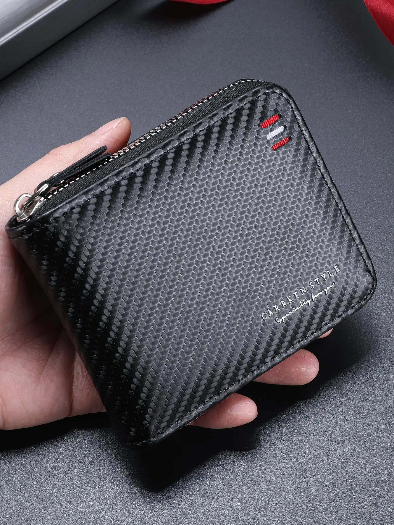 Men's Carbon-Embossed Zip Wallet, Durable Fashionable Wallet, Casual Multi-Card Slot Short Wallet, Vintage Trendy Multi Functional Wallet for Men, Zipper Wallet Design, Wallet Cards Storage