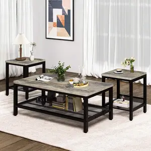 Industrial 3-Piece Coffee Table Set with 2 Square End Tables, Metal Frame for Apartment Home Office Living Room
