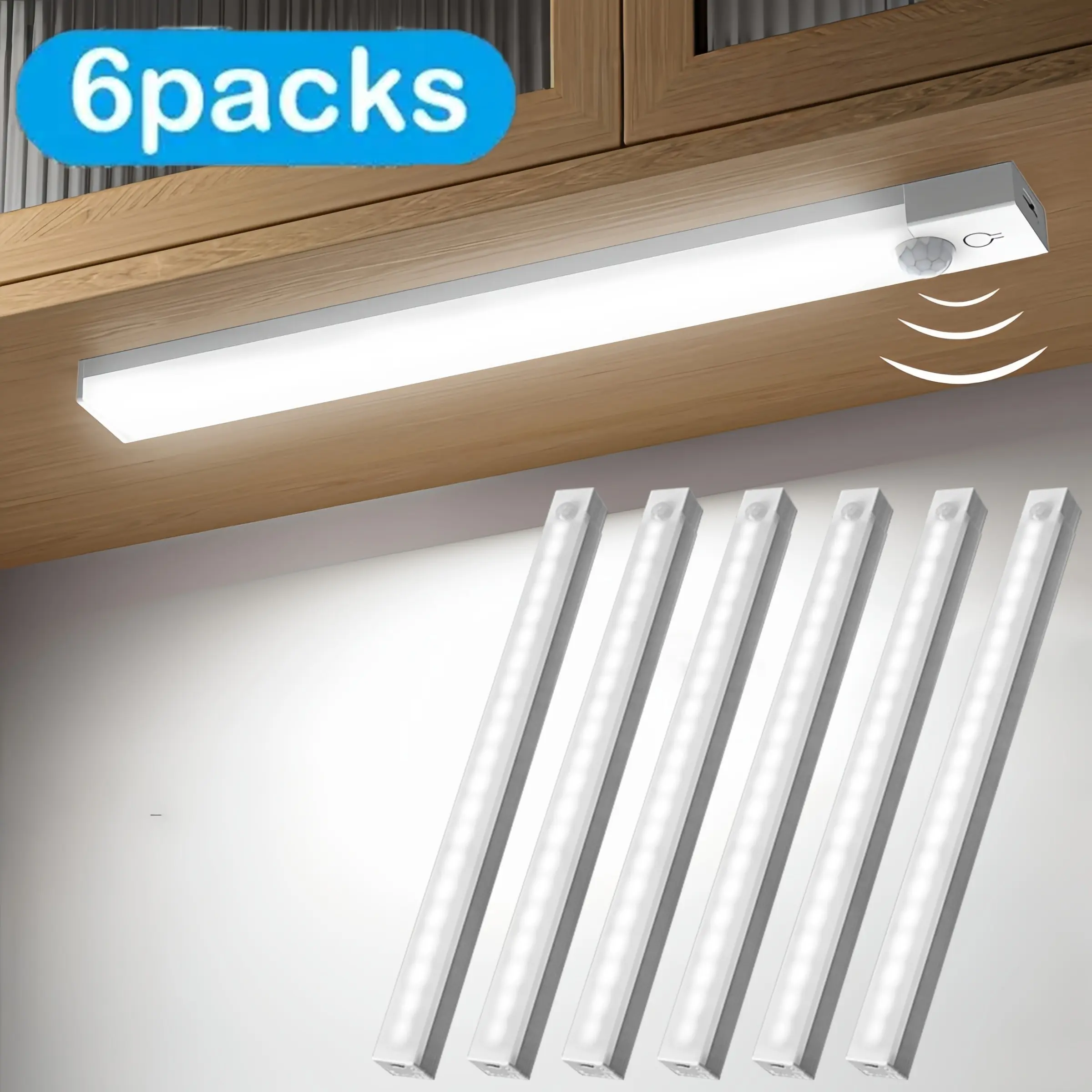 6-Piece LED Motion Sensor Strip Light, USB Rechargeable Adjustable Indoor Lighting, LED Lighted, Ideal for Closet, Cabinet, Kitchen, Desk, Nightlight, Hallway, Stairs, Closet Lights, Wall Mounted Lights