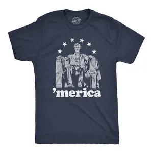 Mens Abe Lincoln 'Merica T Shirt Funny 4th of July USA Patriotic Graphic Novelty Tee Mens Funny T Shirts Cool Vintage Fashion T-Shirt Gift Classic Menswear Patriotic Apparel for Men Funny Political Short Sleeve Navy