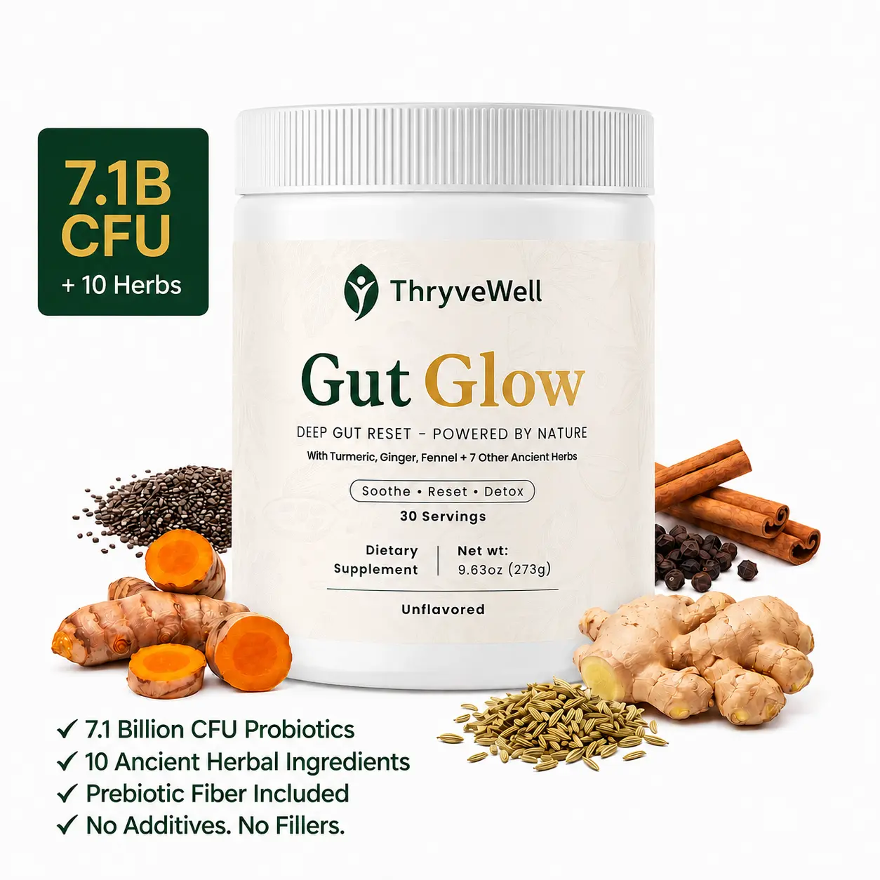 Gut Glow  Daily Gut Health Powder Bloat Relief + Digestion Support Herbal Prebiotic & Probiotic Blend 30 Servings 10+ Natural Ingredients Unflavored
