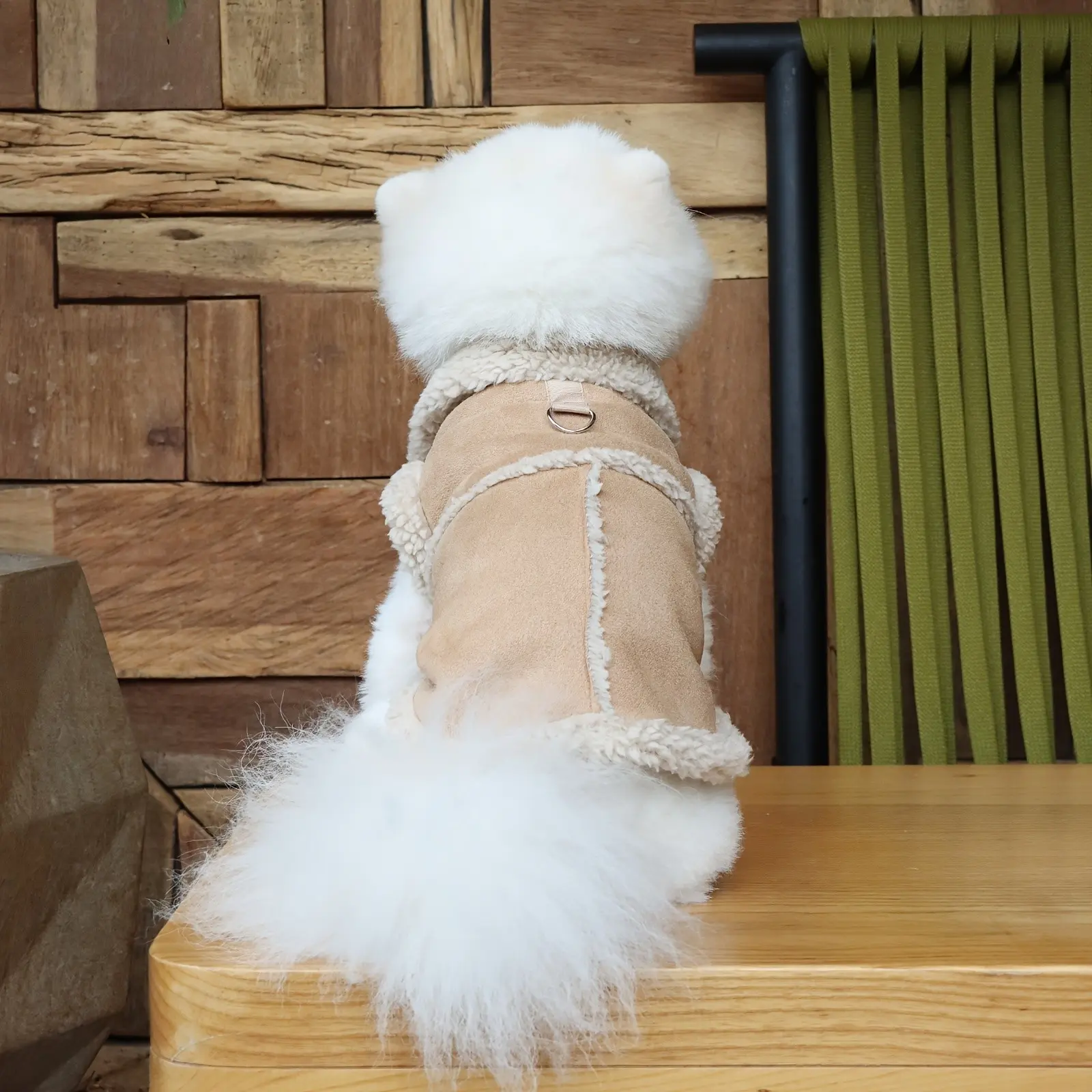 Fleece - Lined Dog Jacket with Short Sleeves, Sherpa - Trimmed Suede Pet Coat, Warm & Cozy Apparel with Leash - Ready Buckle for Small/Medium Dogs, Ideal for Cold Weather, Outdoor Walks & Daily Wear
