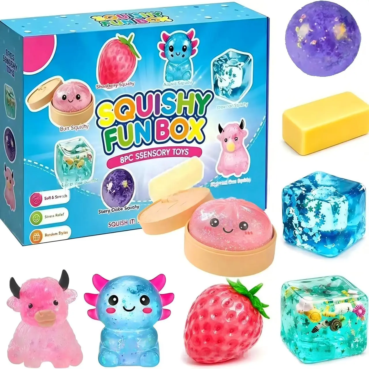 8-Piece Set Box Malt Sugar Stress Relief Fidget Toys, Sensory Bundle, Creative Slow-Return Squishy, Party Gift, 8 Different Styles