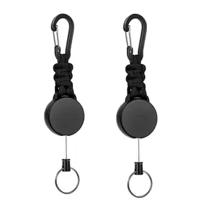 Retractable Key Fob, 2 Pieces, Key Ring, Lanyard, Extendable ID Card Yo-Yo with 60 cm Steel Wire Cord, Pass Holder, with Carabiner, Black, Black