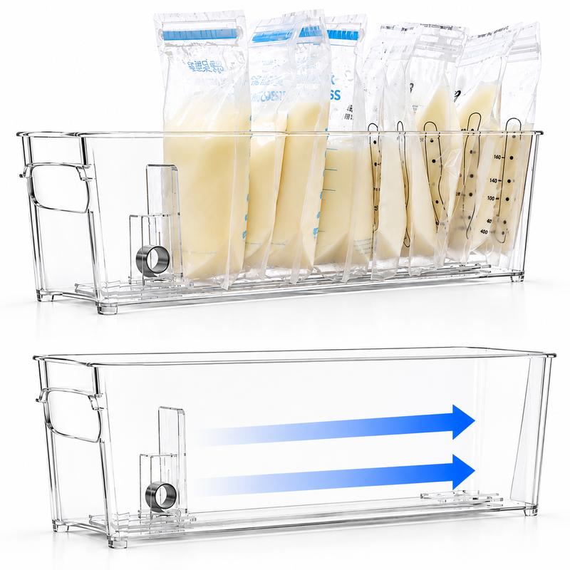 2-Pack Fridge Organizers and Storage Bins with Automatic Pusher for Breast Milk Bags, Snacks, Yogurt Pouches, and Bottles, Clear Refrigerator Organizer