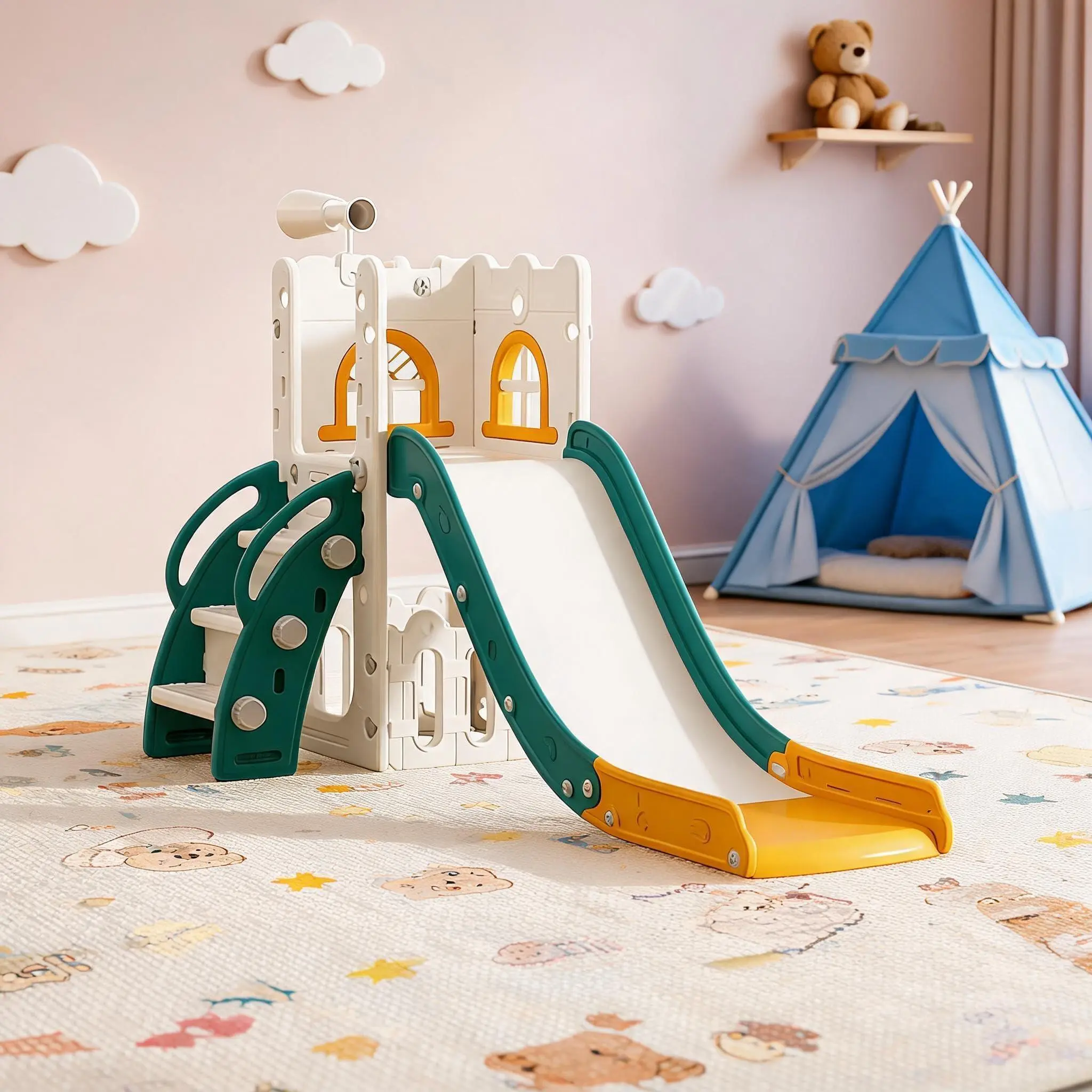 Garvee 8-in-1 Toddler Slide Set, HDPE Kids Slide for Indoor & Outdoor Play | Freestanding Climber Playset with Basketball Hoop, Tunnel, Telescope & Storage, Extra Long Slide for Kids Age 1-3