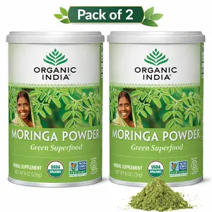 Organic India Moringa Herbal Supplement Powder - Green Superfood, Nutrient Dense, Pure Plant Protein, Vitamin A, E, K, Iron, Calcium, Fiber, Vegan, Gluten-Free, USDA Certified Organic - 8 oz Canister