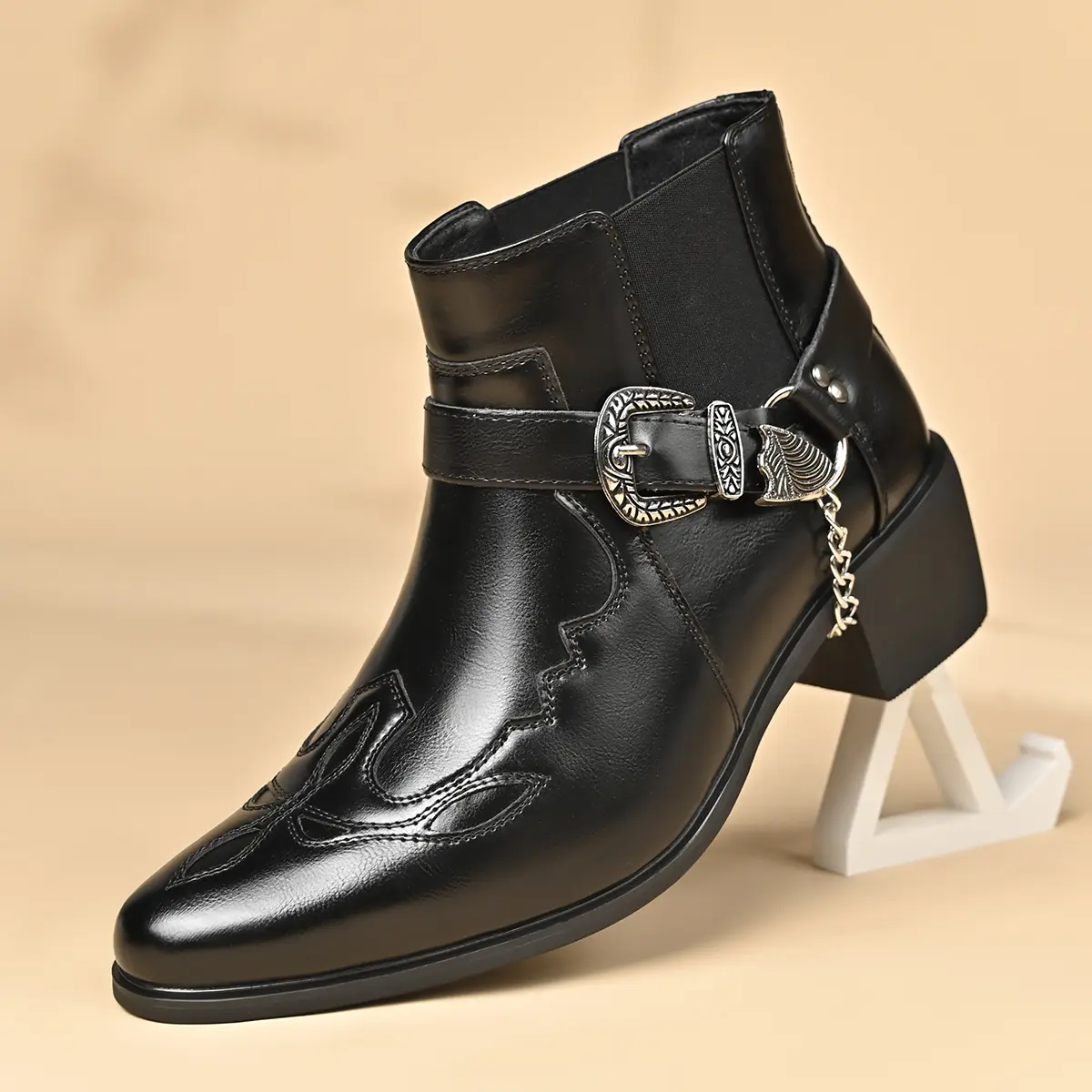 Men's Western Ankle Boots, Vintage Embroidered Footwear with Square Toe and Block Heel, Non-Slip Sole for Everyday Wear, Shoe, All Seasons
