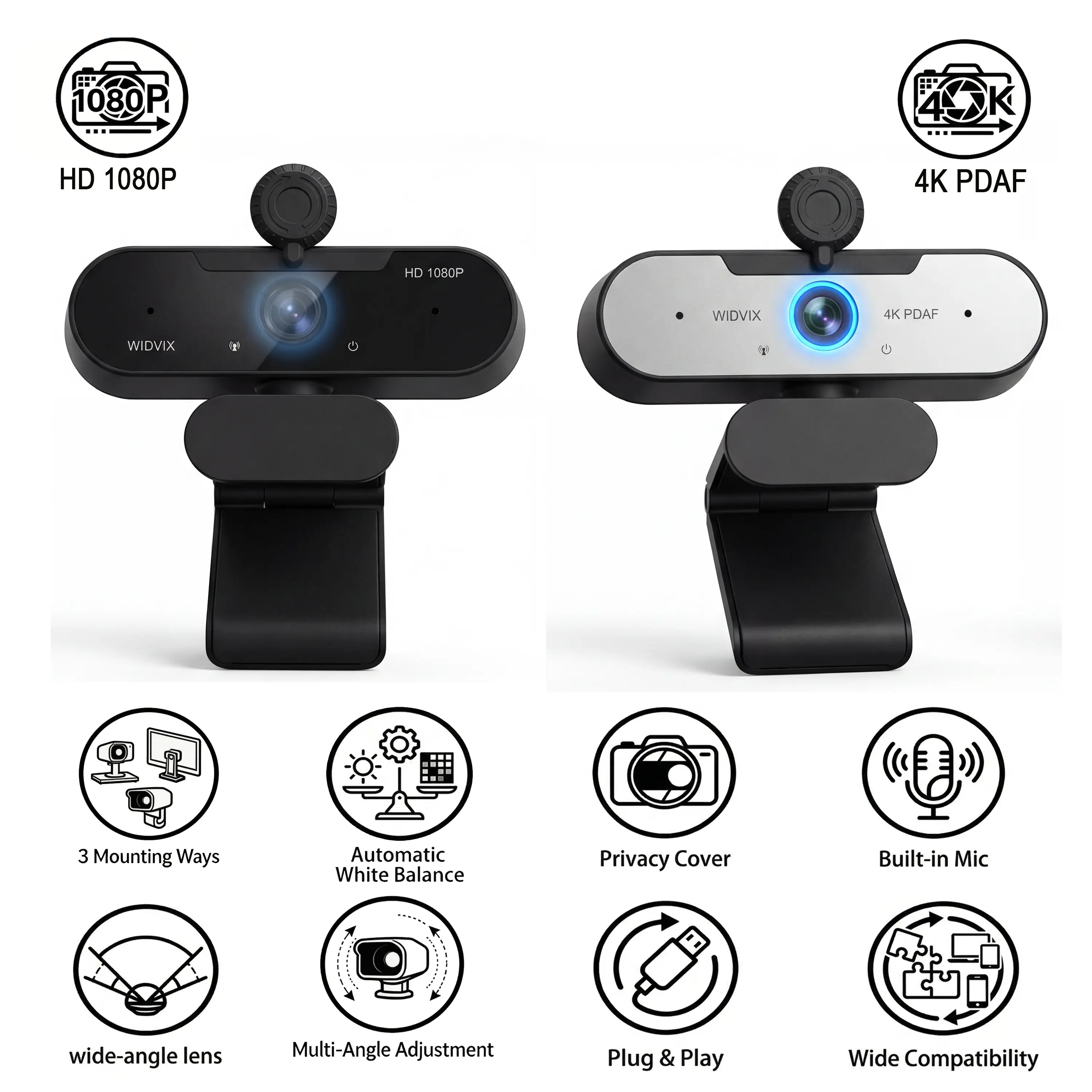 WIDVIX 1080P/4K Webcam for PC with Microphone, Wide Angle Lens, Privacy Cover, Auto Low Light Correction – USB Plug-and-Play for Video Conferencing, Streaming, Home Office (Works with Zoom/Skype/Teams, NOT for PS5),summerwins