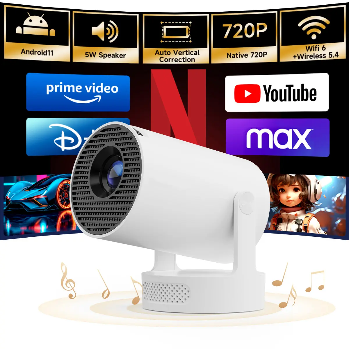 HY300Pro+ Mini Projector with 8K/4K/1080P Decode 290ANSI Lumens Auto Keystone Correction Dual-Band WiFi6 & Bluetooth5.4 Android 14 1280x720P for Home Cinema Portable Movie Theater Gift - Audio