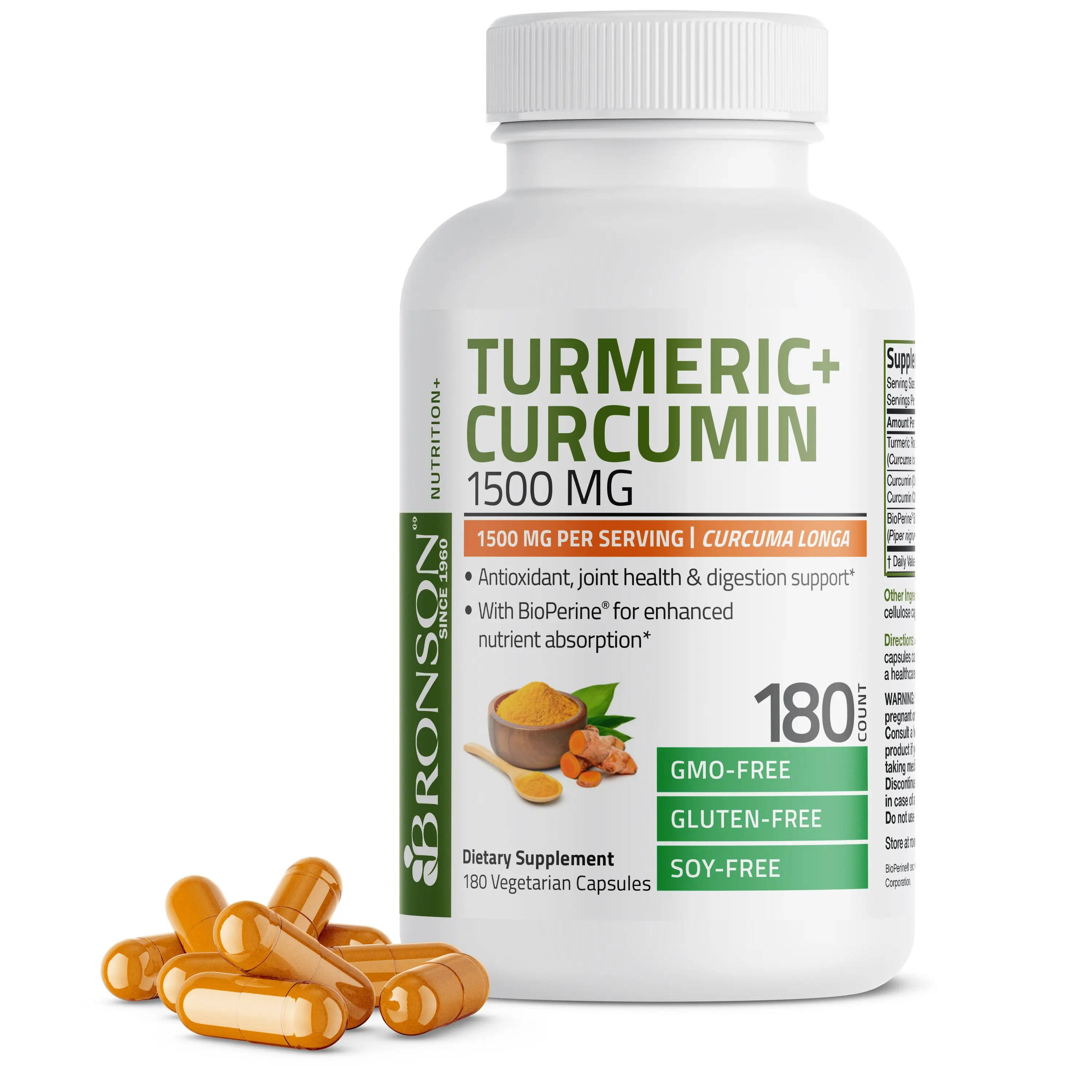 Bronson Turmeric Curcumin 1500 MG per Serving Natural Dietary Supplement, Antioxidant Support, GMO-Free Vegetarian Dietary Supplement with BioPerine for Joint & Digestion Health
