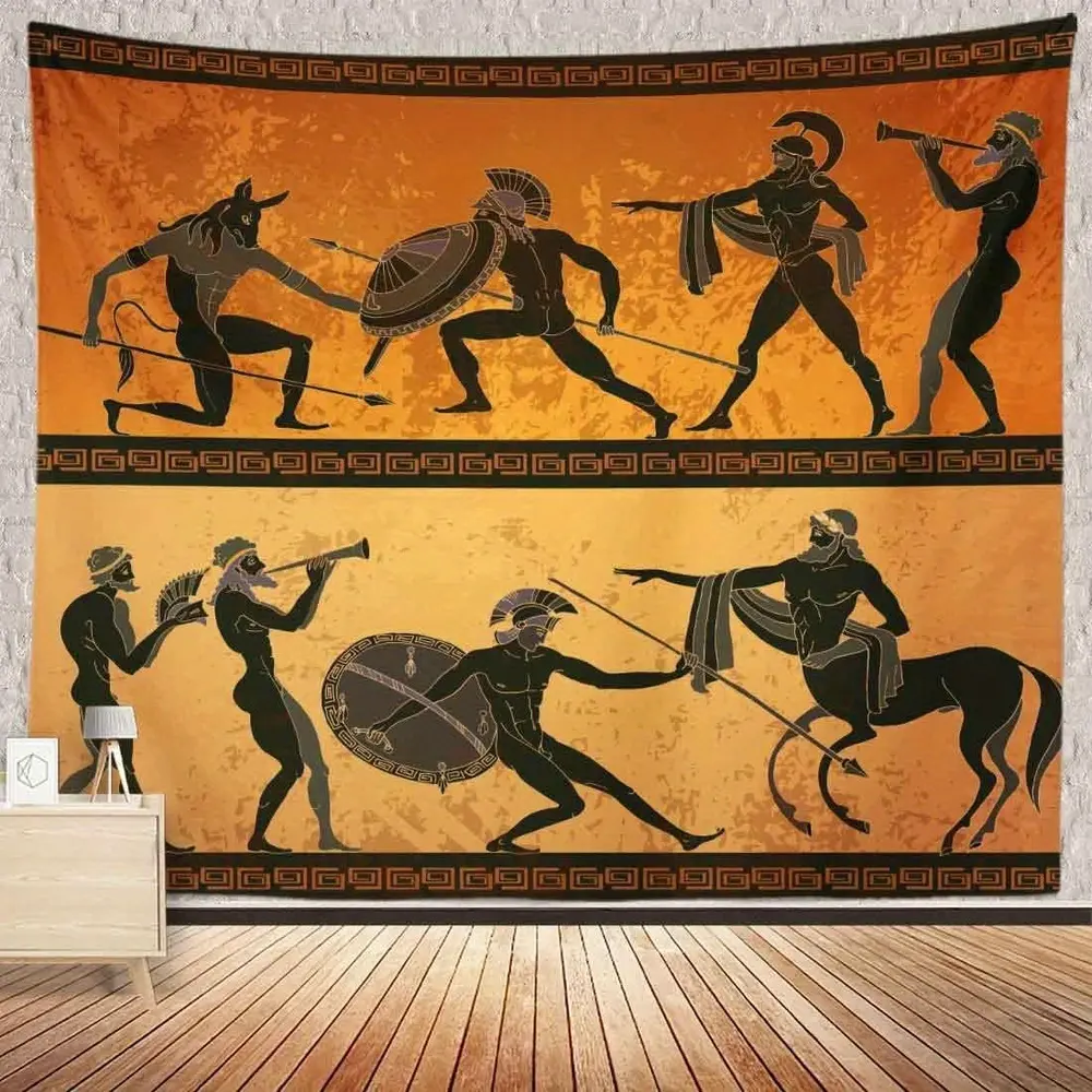 Large Rectangular Hangable Decorative Vintage Tapestry - Black Figure Pottery Style Ancient Greece Warrior, Minotaur Hunting Centaur, Classical Greek Gods Animal Motifs, Machine Washable Home Supplies Room Decor for Bedroom, Man Cave