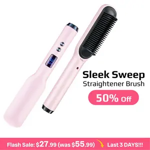 Sleek Sweep Hair Straightener Brush Straightening Comb for Glass Hair, Sleek Straight, Frizz‑Free Daily Styling | Fast Heating Ionic Ceramic Straightener Brush with 5 Heat Settings, Auto Shut‑Off, Anti‑Scald, Dual Voltage  hair  brush Pink Smooth tiktoksh