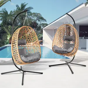 【DealsForYouDays】Set of 2 Egg Patio Swings Chairs, Wicker Hanging Pods with Stand, Perfect for Indoor/Outdoor Use, 330LB Capacity Each, Includes 2 Comfortable Cushions, ChristmasGift