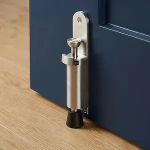 Kick& Fixed Door Stopper, Radiaint Kickdown Adjustable Telescopic Heavy-Duty Commercial Spring Foot-Operated Automatic Door Stop Holder, Wall Protector, Big Size Brushed Nickel