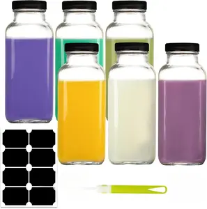 6 Pack 12 oz Glass Juice Bottles 350 ml Square Water Bottles with Lids Reusable Empty Drinking Jars with Labels and Brush for Juice Smoothies Kombucha Plastic Set Beverage Hand