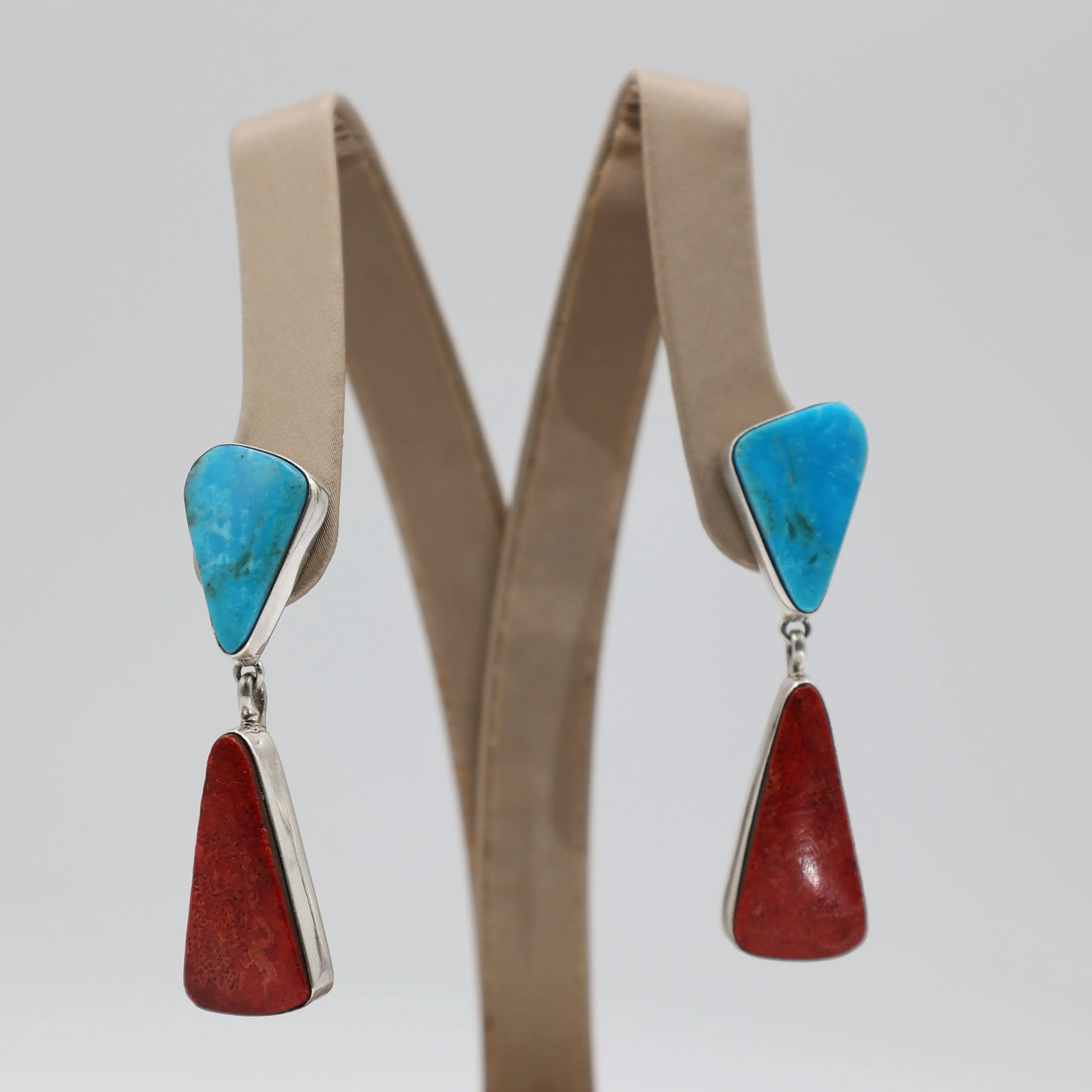 925 Sterling Silver M.Lee Navajo Coral & Turquoise Dangle Earrings