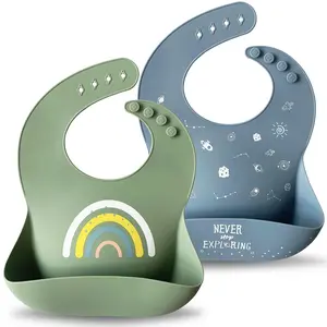 Silicone Baby Bibs Set of 2, BPA Free Waterproof Baby Bibs for Eating, Soft Adjustable Silicone Bibs for Babies 6-12 Months, Toddler Bibs with Large Pocket Food Catcher (Tradewinds/Sage)