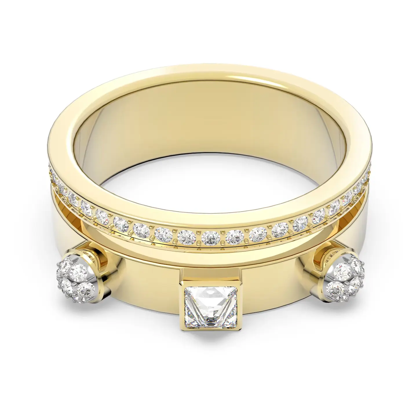 Swarovski Women's Edgy Crystal Ring, Gold-Tone Plated Double-Band Design with White Pavé Studs, Model 5572919, Crystal Studded