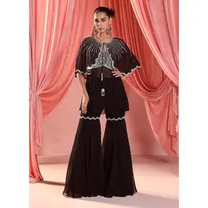 Noor black embellished cape and gharara set