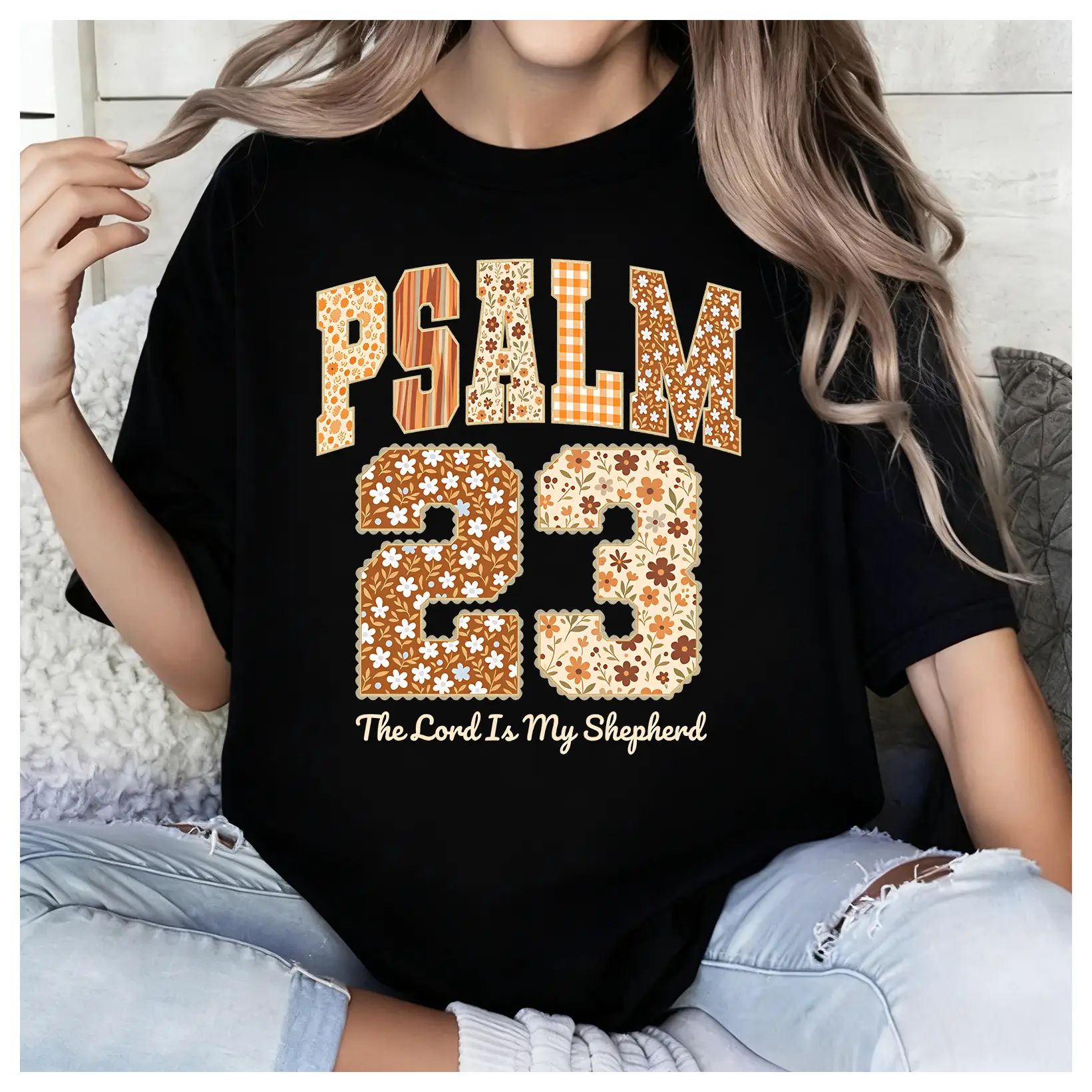 100% Cotton Floral Psalm 23 The Lord Is My Shepherd Bible Verse Thanksgiving Christian Washed Cotton T-Shirt, Retro Faith Graphic Tee, Christian Gift Idea