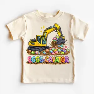 Eggs-cavator Kids Easter T-Shirt, Funny Excavator Construction Youth Tee, Toddler Boy Girl Holiday Outfit, Cute Spring Gift, Soft Cotton