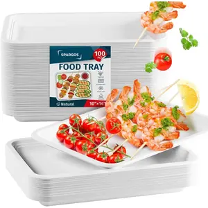 100 Pack 14 Inch Heavy Duty Disposable Food Trays Compostable Large Paper Plates Tray Set Natural Material Biodegradable For Party Serving Crawfish Lobster Crab BBQ Holiday Feast Seafood Supplies