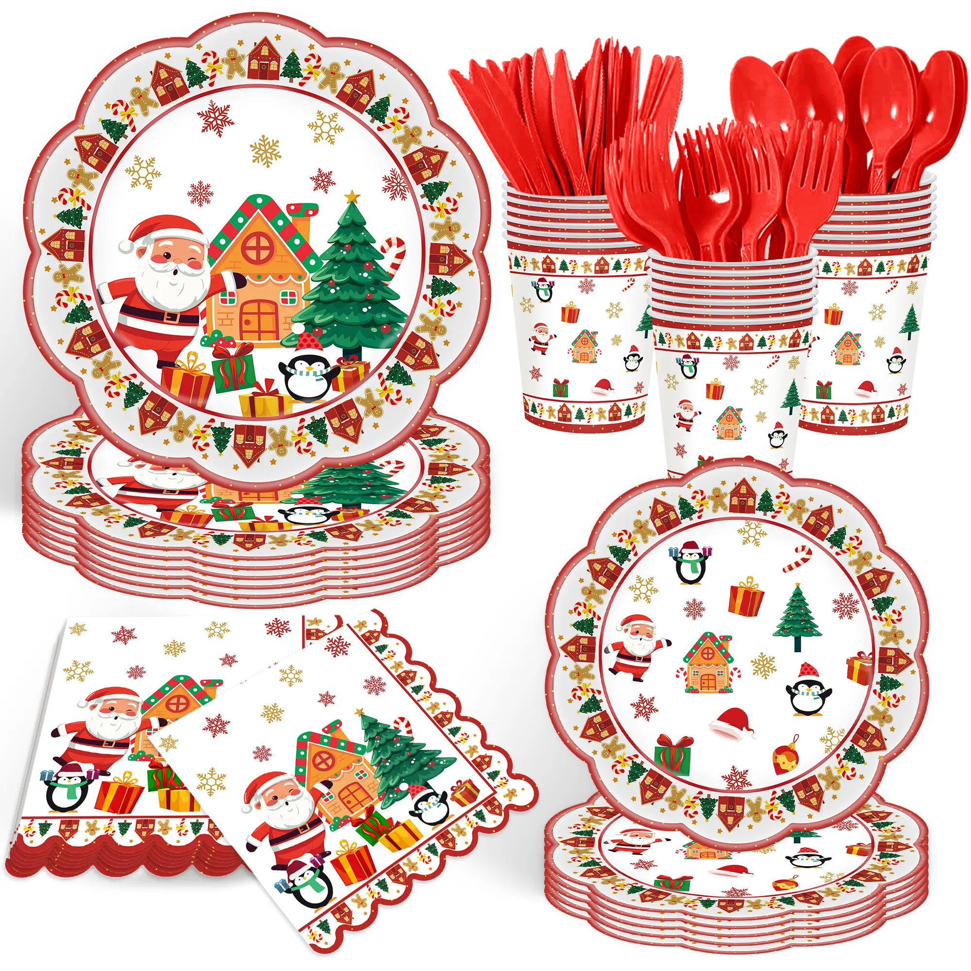 Christmas Disposable Party Tableware Set 140PCS Serves 20,Plates Cups Napkins Plastic Cutlery Xmas Holiday Supplies