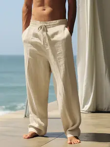Men's Casual Linen Pants, Solid Color Fashion Long Trousers, Hawaiian Style Beach Travel Wear, Comfortable Breathable Summer, Classic