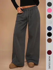 Cimmuovere New Autumn/Winter Casual Basic Minimalist Loose Fit Adjustable Drawstring Waist Wide Leg Sweatpants, Thick Thermal Lined, Versatile & Slimming