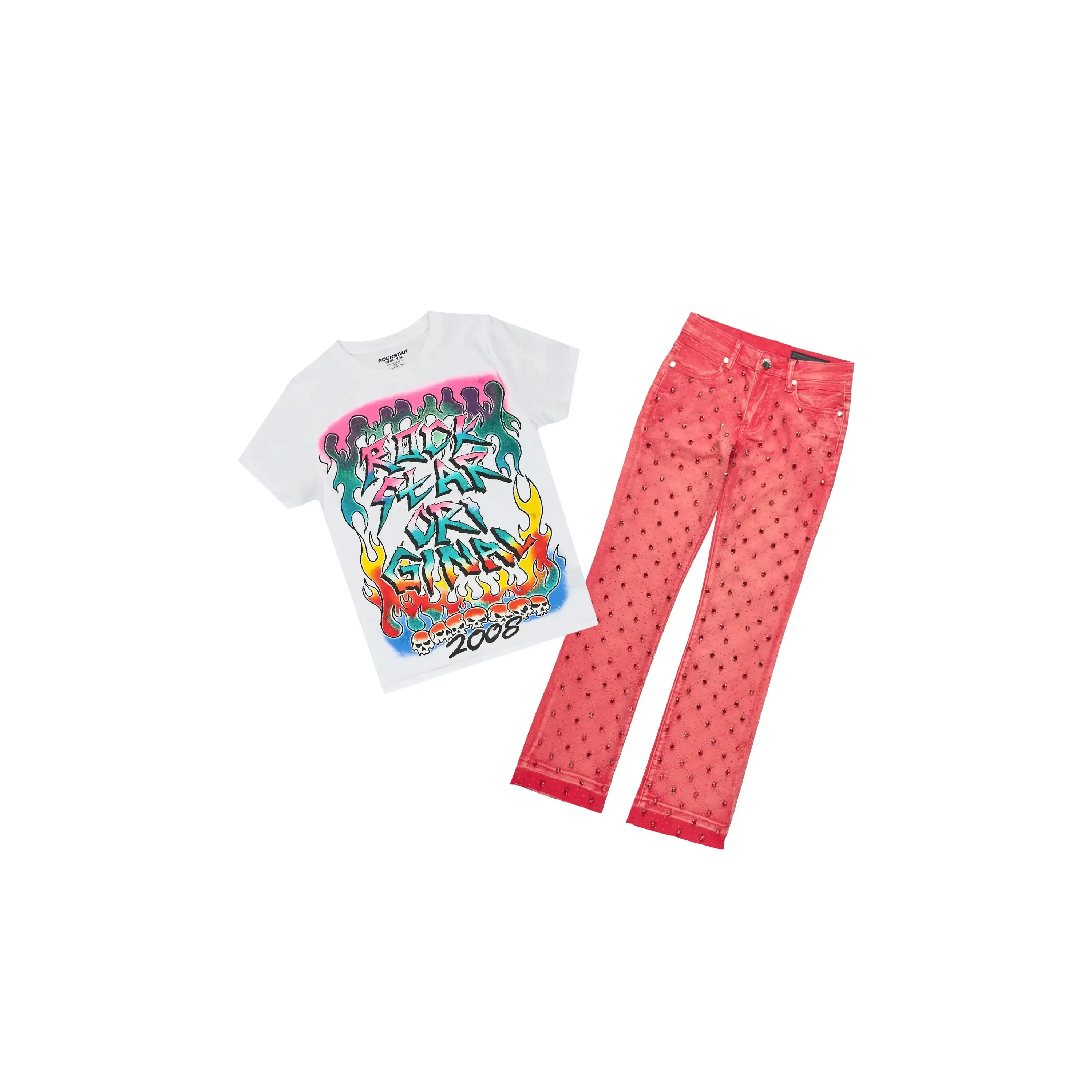 Girls Ebba White/Red T-Shirt Stacked Jean Set