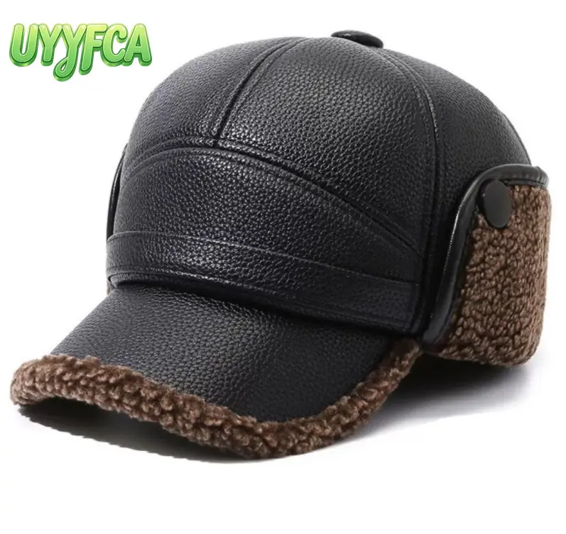UYYFCA Men's Black Leather Trapper Hat with Ear Flaps | Winter Warm Faux Fur Flip-Up 2-in-1 Style | Outdoor Cold Weather Protection Cap | Windproof Vintage Russian Ushanka Trapper Cap,summerwins