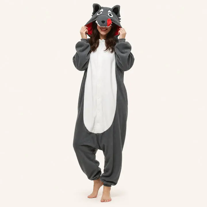 Women's Gray Wolf Cartoon Hoodie Kigurumi Onesie - Soft Fabric, Long Sleeve, Relaxed Fit, Button Detail, All Season Sleepwear & Loungewear, Polyester Plush