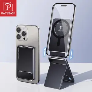 OATSBASF Phone Tripod Wallet for iPhone Mulit-Angles Portable Phone Stand Metal Thin Foldable Magnetic Wallet Strong Magnets NFC Card Holder Travel Essential with Card Slot Black Phone Holder Smartphone Cellphone Mount Folding
