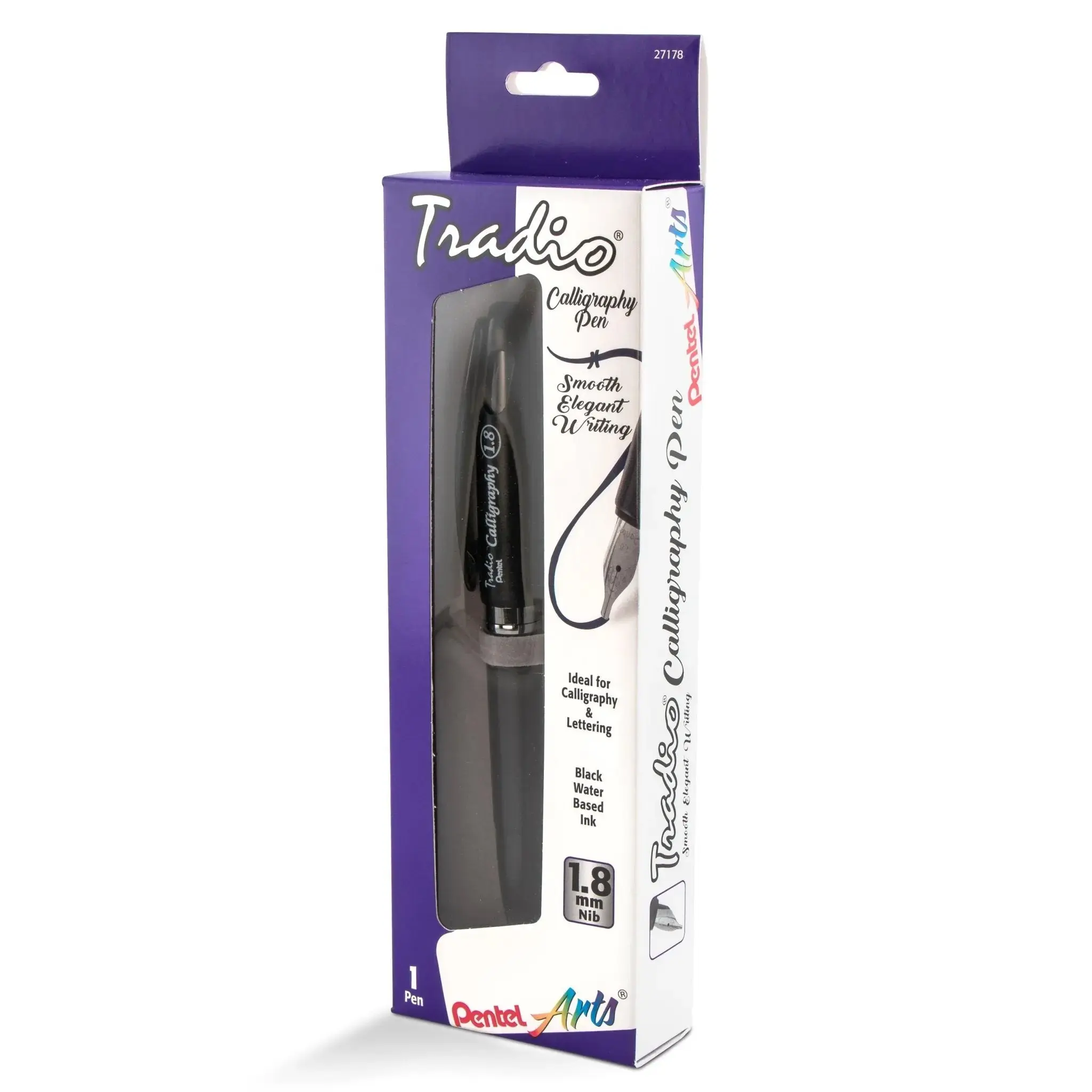 Pentel Arts Tradio Calligraphy Pen - 1 Pen, 1.8mm Iridium Nib, Eco-Friendly Water-Ink, Comfortable Grip Black Barrel, Refillable, Secure Capped Style, Hanging Box Packaging, Office Stationery for Precision Calligraphy, Art Pieces, Invitations, Crafts
