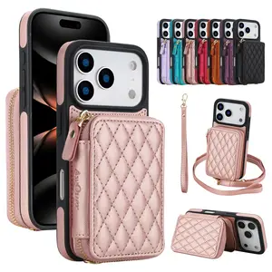 Crossbody Wallet Case for iPhone 17 Pro Max 16 15 14 13 12 11, RFID Blocking PU Leather Zipper Handbag Purse Flip Cover, Kickstand Folio Case with Card Slots Holder Wrist Strap Lanyard