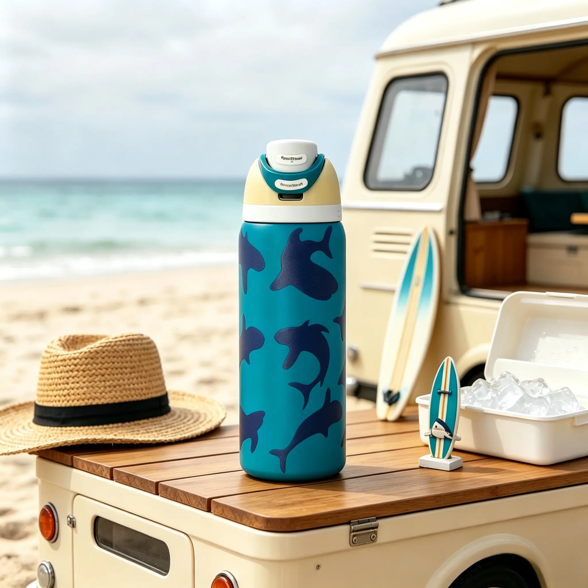 Owala 32oz Bright Turquoise Shark Pattern Insulated Water Bottle, Double Wall Stainless Steel Construction, Portable Flip Handle Leak Resistant Hydration Vessel Perfect for Surfing, Pool Days & Coastal Road Trips Drinkware Flasks Stylish Tumbler Bottled
