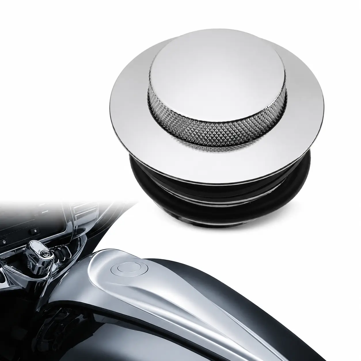 Chrome Flush Mount Pop-Up Motorbike Gas Cap - 1 Piece Billet Aluminum Screw-In Replacement, 1 x Fuel Tank Cap, Left/Right-Thread Option, Specific Fits for Harley Road King Softail Dyna Sportster XL FXR Freewheeler (Chrome Custom Tank Compatible), Left-Sid