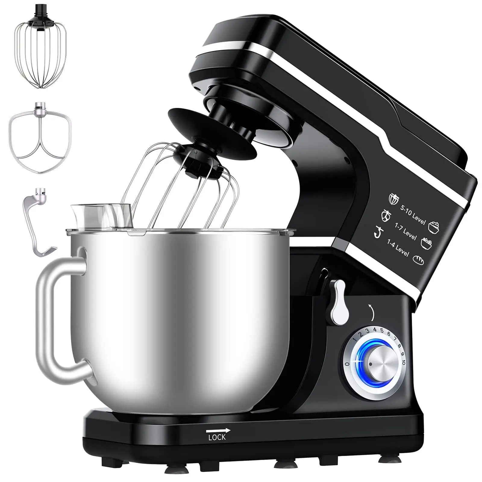 7.5 QT Stand Mixer, 10-Speed Tilt-Head Electric Dough Mixer with Stainless Steel Bowl, Includes Dough Hook, Wire Whisk, and Beater, with Splash Guard for Home Cooks, Black