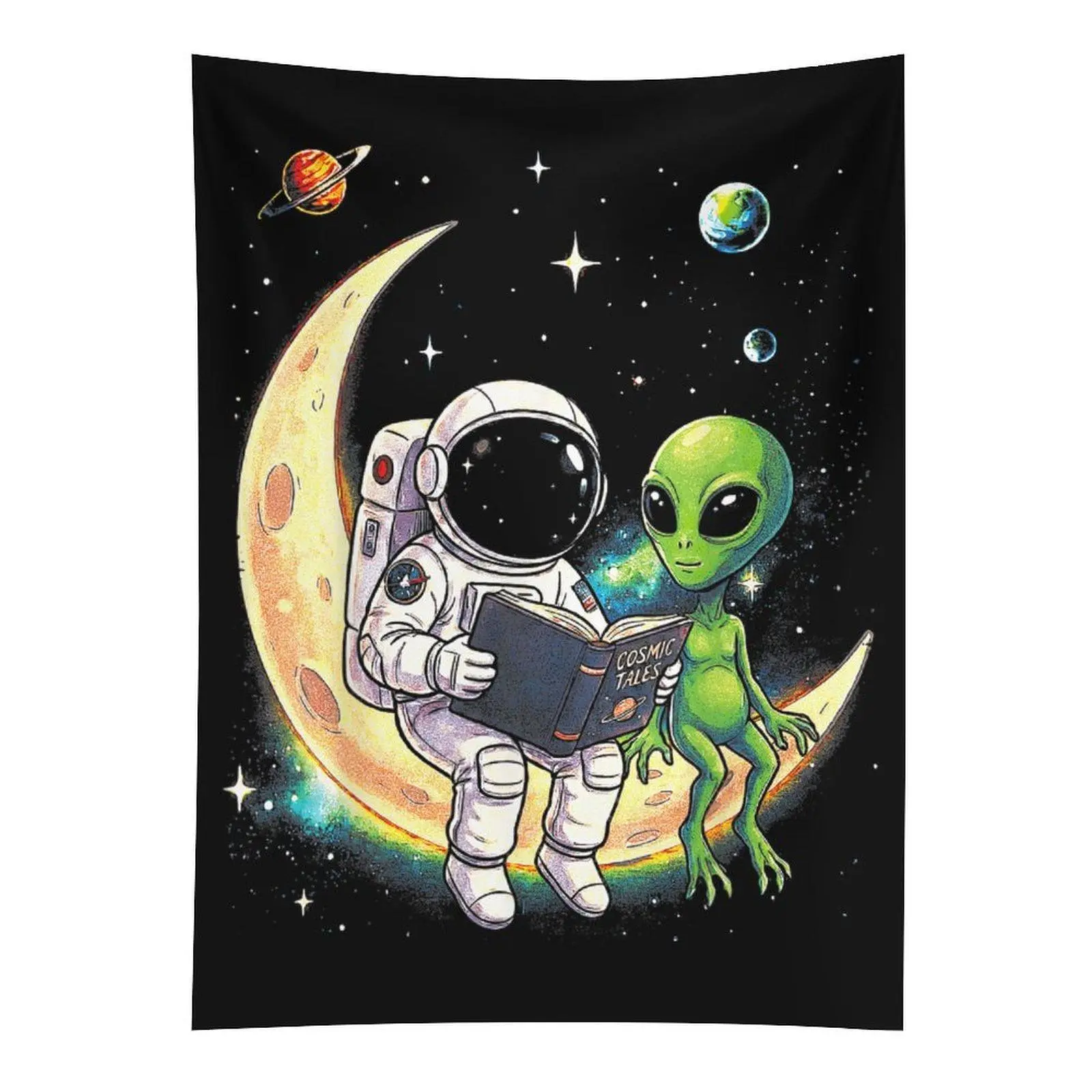 Astronaut Reading to Alien Wall Tapestry, Moon Space Galaxy Wall Hanging, Astronomy Bedroom Decor