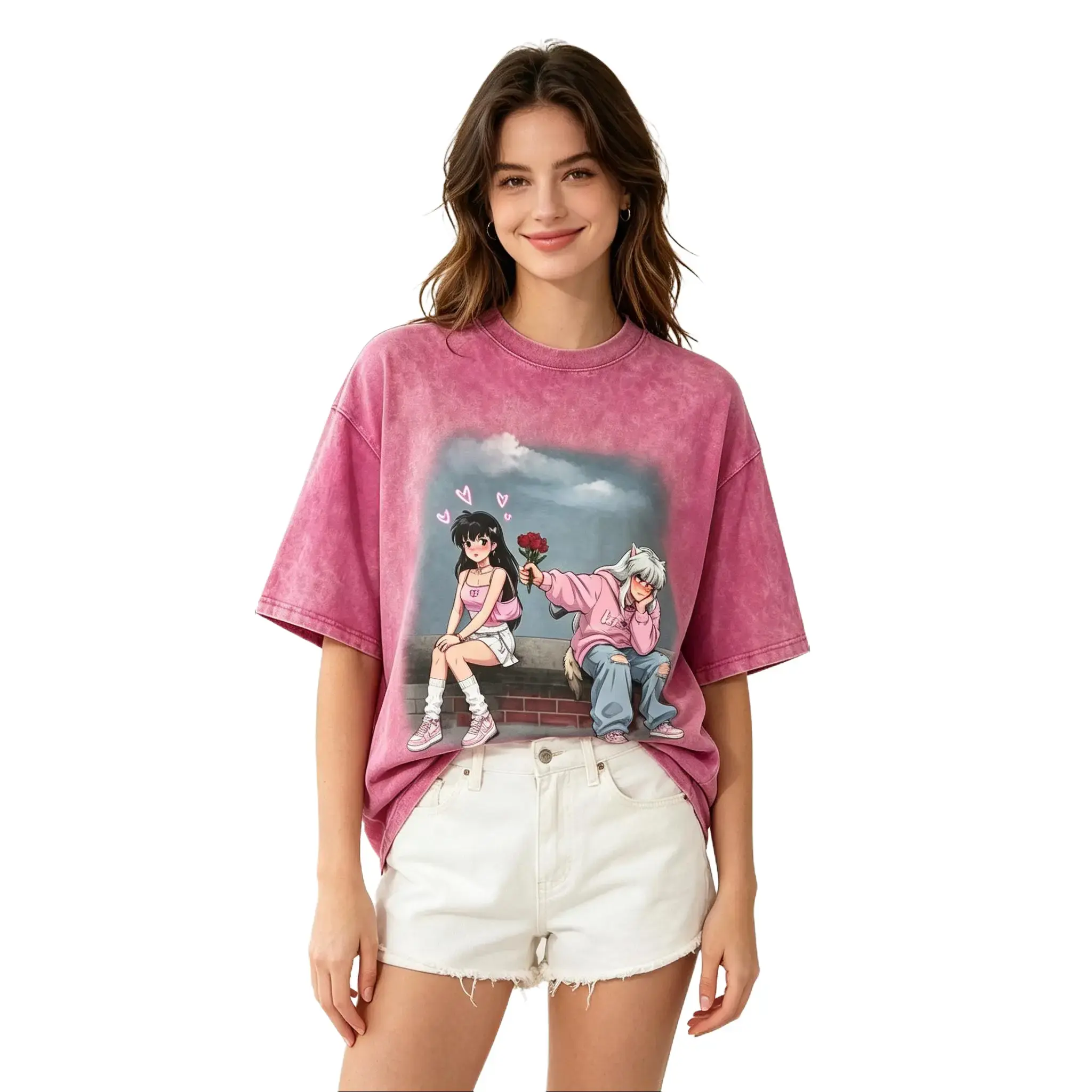 Women's Vintage Wash Inuyasha Kagome Graphic T-Shirt - 90s Retro Anime Oversized Short-Sleeve Top, Y2K Nostalgia Streetwear, Casual Loose Fit, Anime Fans Gift