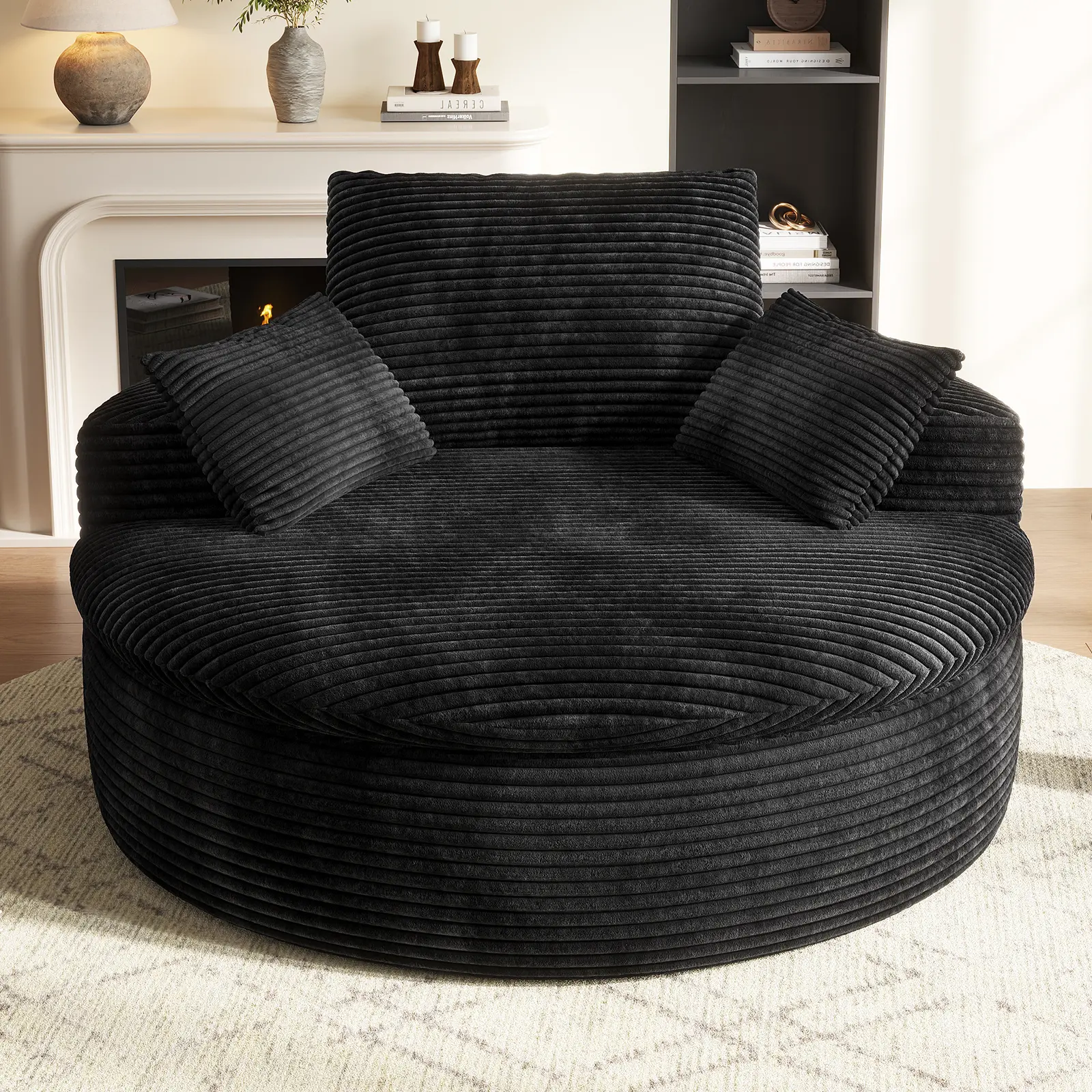 COPIAE 59" Oversized Round Corduroy Chaise Lounge Chair, Double-Layer Upholstered Cushion Sofa Bed with 2 Throw Pillows & Back Pillow for Living Room, No Assembly Required,dorm essentials,home decor