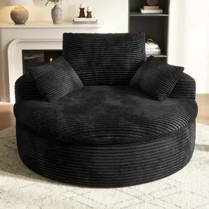 COPIAE 59" Oversized Round Corduroy Chaise Lounge Chair, Double-Layer Upholstered Cushion Sofa Bed with 2 Throw Pillows & Back Pillow for Living Room, No Assembly Required